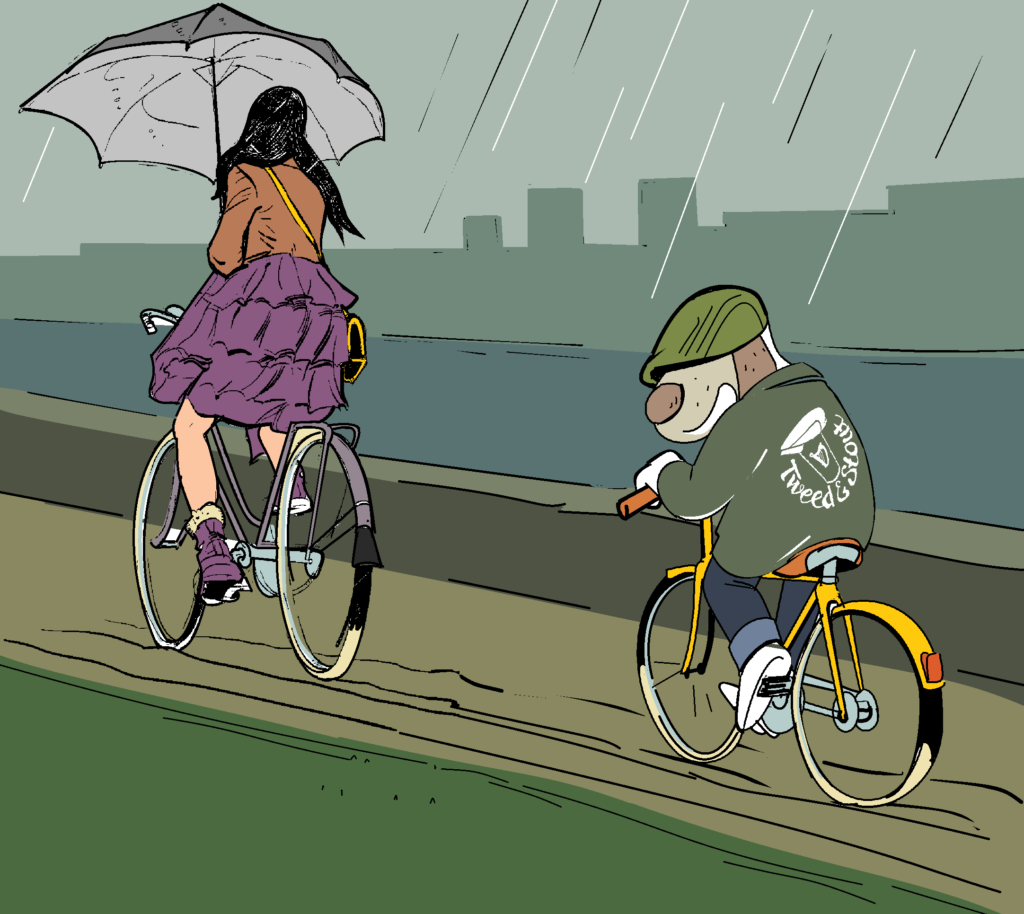 Matthew The Dog охотится за дамой в куртке Tweed & Stout.